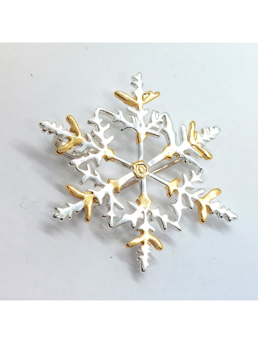 Vintage Snowflake Brooch Pin Two Tone Metal Winter Christmas Holiday Large